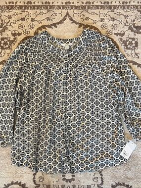 NWT Smocked Black and Cream Printed Blouse